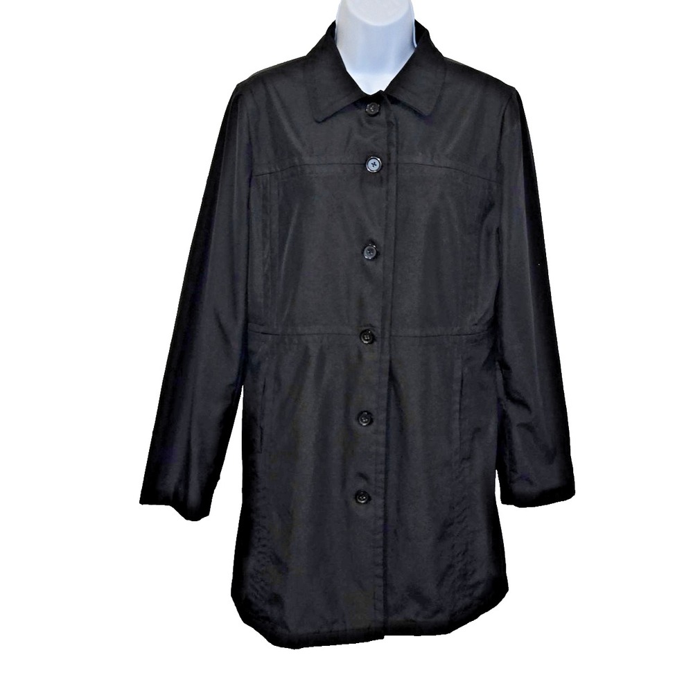Y2K Old Navy Women's Rain Jacket Black Button Down‎ Mid Length Spring  02 Medium - Picture 2 of 10
